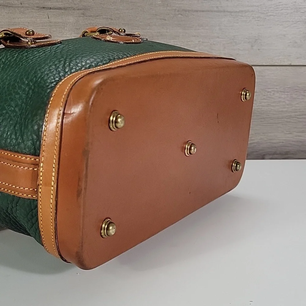 Vintage Dooney & Bourke Green Pebbled Leather Satchel with Tan Trim and Handles